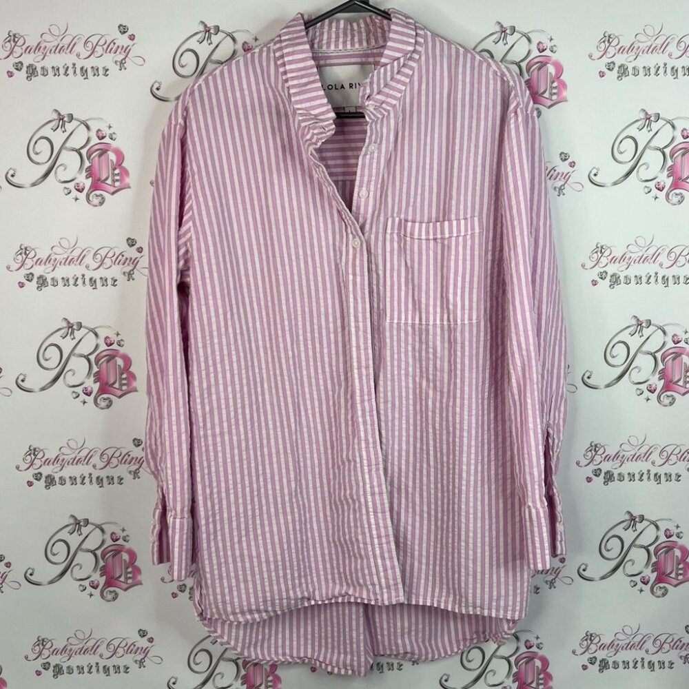 Lola river button up stripes white Pink Striped Casual Button Down Shirt